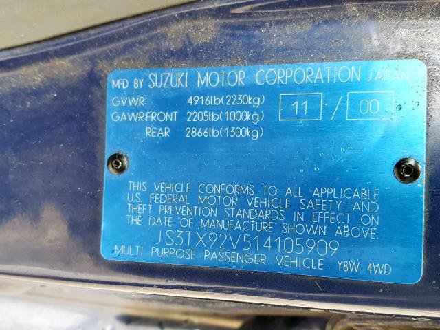 JS3TX92V514105909 - 2001 SUZUKI GRAND VITA BLUE photo 10