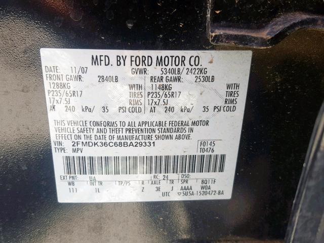 2FMDK36C68BA29331 - 2008 FORD EDGE SE BLACK photo 10