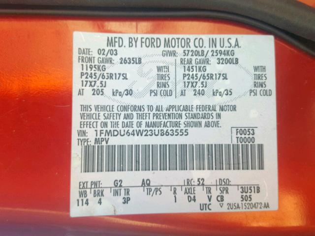 1FMDU64W23UB63555 - 2003 FORD EXPLORER E RED photo 10