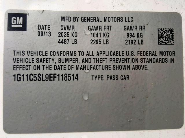 1G11C5SL9EF118514 - 2014 CHEVROLET MALIBU 1LT WHITE photo 10