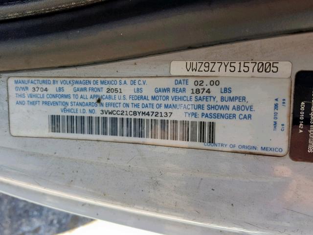 3VWCC21C8YM472137 - 2000 VOLKSWAGEN NEW BEETLE BLUE photo 10