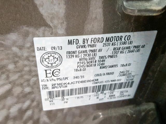 2FMDK4JC7DBE00438 - 2013 FORD EDGE SEL GRAY photo 10