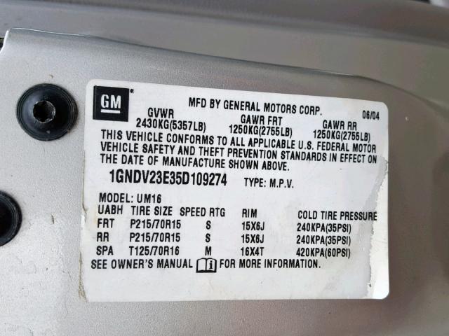 1GNDV23E35D109274 - 2005 CHEVROLET VENTURE LS SILVER photo 10