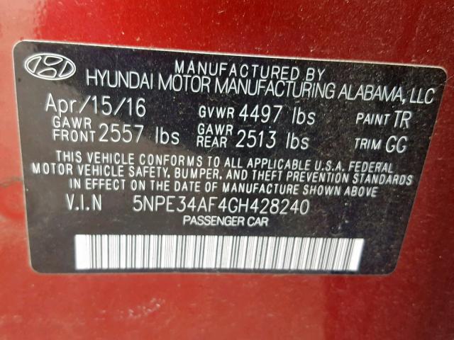 5NPE34AF4GH428240 - 2016 HYUNDAI SONATA SPO RED photo 10