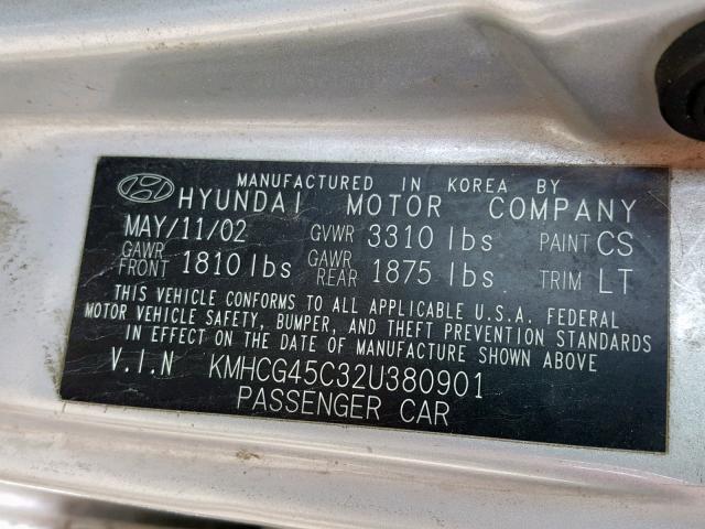 KMHCG45C32U380901 - 2002 HYUNDAI ACCENT GL SILVER photo 10