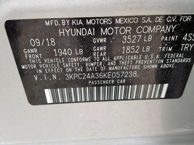 3KPC24A36KE057238 - 2019 HYUNDAI ACCENT SE SILVER photo 10