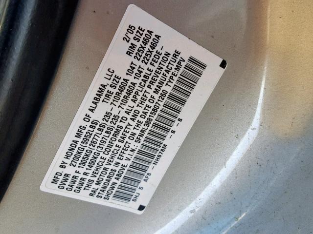 5FNRL38815B071260 - 2005 HONDA ODYSSEY TO GRAY photo 10