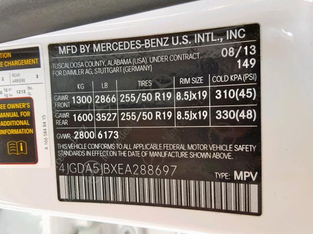 4JGDA5JBXEA288697 - 2014 MERCEDES-BENZ ML 350 WHITE photo 10