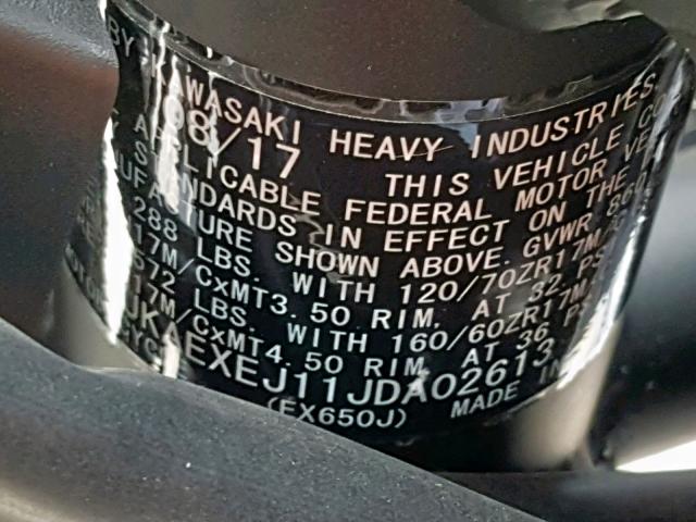 JKAEXEJ11JDA02613 - 2018 KAWASAKI EX650 J ნაცრისფერი ფოტო 10