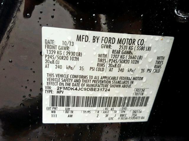 2FMDK4JC9DBE31724 - 2013 FORD EDGE SEL CHARCOAL photo 10