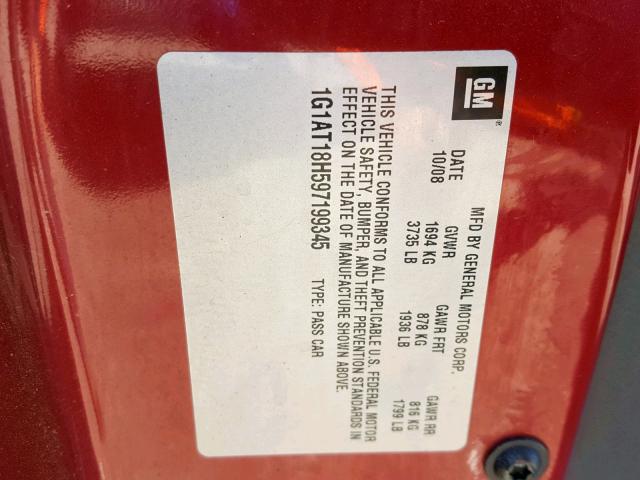 1G1AT18H597199345 - 2009 CHEVROLET COBALT LT RED photo 10