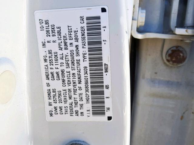 1HGCP36808A013409 - 2008 HONDA ACCORD EXL WHITE photo 10