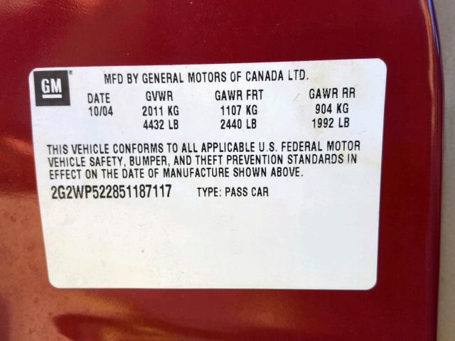 2G2WP522851187117 - 2005 PONTIAC GRAND PRIX 栗色 照片 10