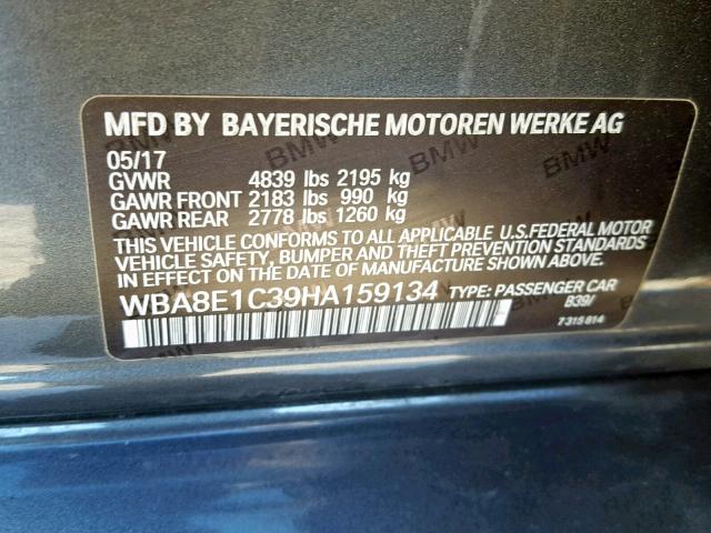 WBA8E1C39HA159134 - 2017 BMW 330E GRAY photo 10