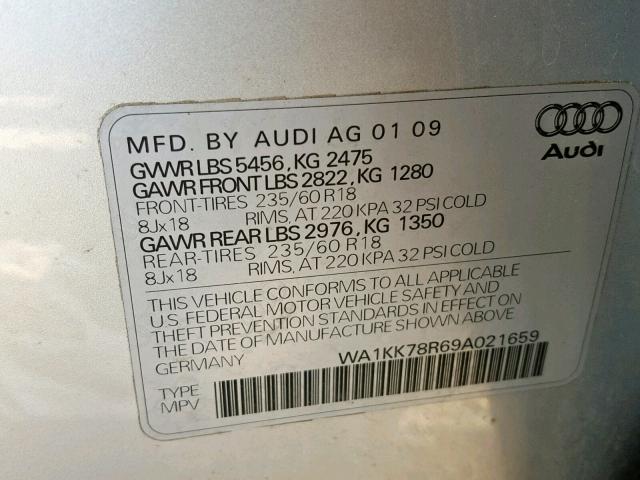 WA1KK78R69A021659 - 2009 AUDI Q5 3.2 SILVER photo 10