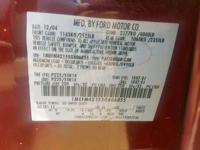 1MEFM42155G606855 - 2005 MERCURY MONTEGO PR BURGUNDY photo 10