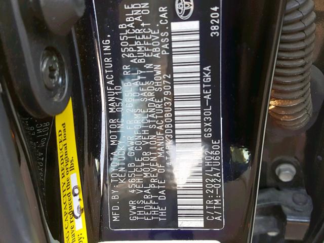 4T1BK3DB0BU379072 - 2011 TOYOTA AVALON BAS BLACK photo 10