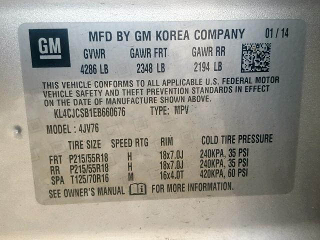 KL4CJCSB1EB660676 - 2014 BUICK ENCORE SILVER photo 10