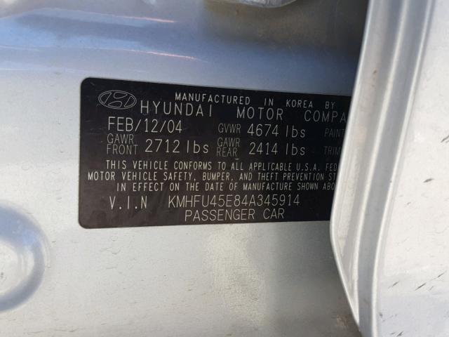 KMHFU45E84A345914 - 2004 HYUNDAI XG 350 SILVER photo 10