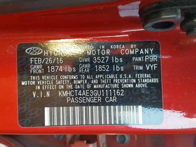 KMHCT4AE3GU111162 - 2016 HYUNDAI ACCENT SE RED photo 10