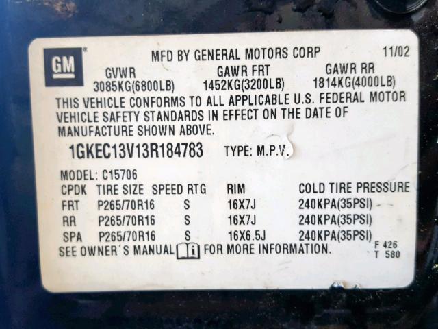 1GKEC13V13R184783 - 2003 GMC YUKON BLACK photo 10