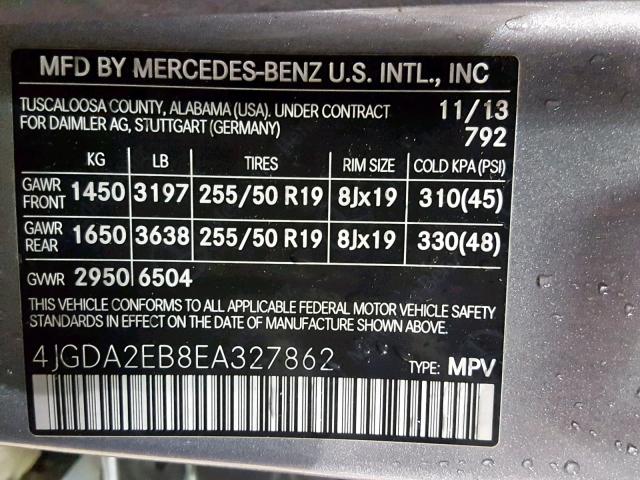 4JGDA2EB8EA327862 - 2014 MERCEDES-BENZ ML 350 BLU SILVER photo 10