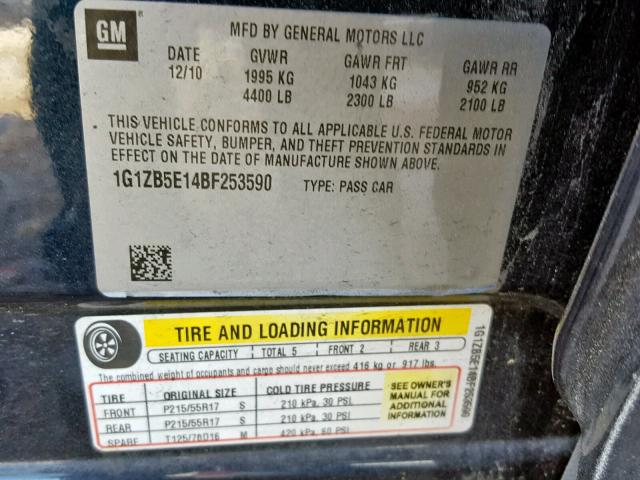 1G1ZB5E14BF253590 - 2011 CHEVROLET MALIBU LS BLUE photo 10