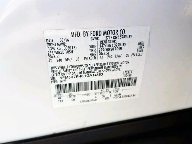 1FM5K7FH8HGA14653 - 2017 FORD EXPLORER L WHITE photo 10