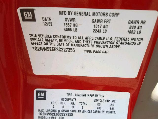 1G2NW52E63C227355 - 2003 PONTIAC GRAND AM G RED photo 10