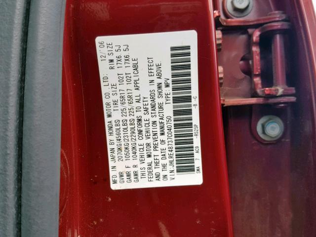 JHLRE48737C040750 - 2007 HONDA CR-V EXL RED photo 10