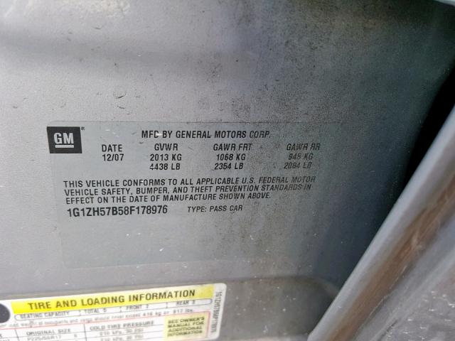 1G1ZH57B58F178976 - 2008 CHEVROLET MALIBU 1LT ვერცხლისფერი ფოტო 10