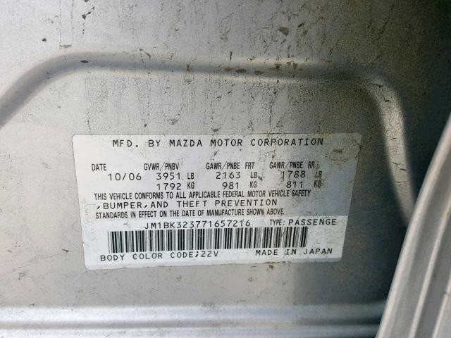 JM1BK323771657216 - 2007 MAZDA 3 S SILVER photo 10