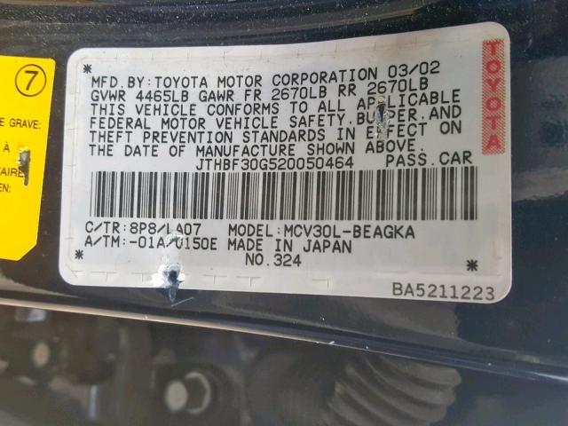 JTHBF30G520050464 - 2002 LEXUS ES 300 BLUE photo 10