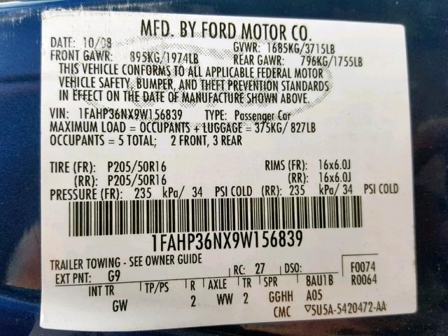 1FAHP36NX9W156839 - 2009 FORD FOCUS SES BLUE photo 10