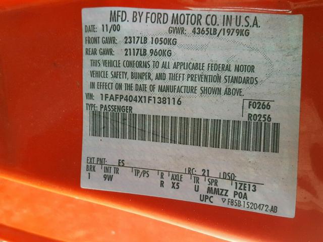 1FAFP404X1F138116 - 2001 FORD MUSTANG RED photo 10