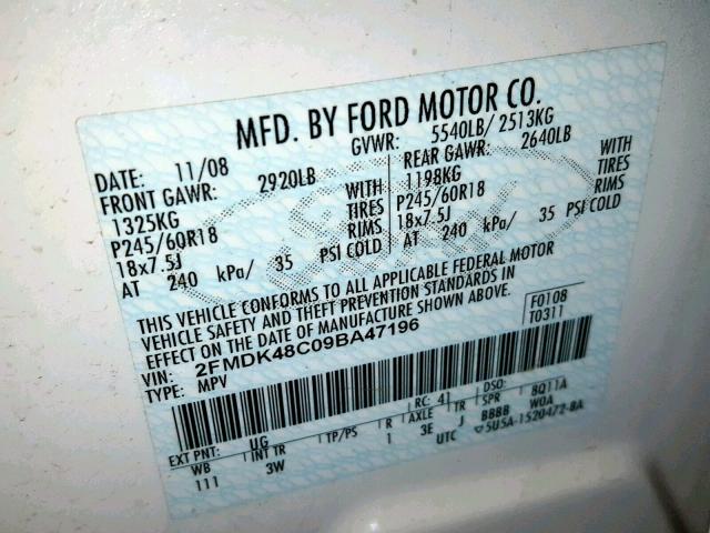 2FMDK48C09BA47196 - 2009 FORD EDGE SEL WHITE photo 10