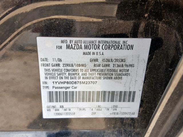 1YVHP80D875M23707 - 2007 MAZDA 6 S BLACK photo 10