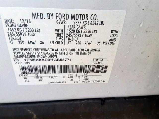 1FM5K8AR9HGB55771 - 2017 FORD EXPLORER P WHITE photo 10