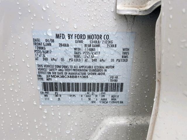 2FMDK38CX8BB11365 - 2008 FORD EDGE SEL WHITE photo 10