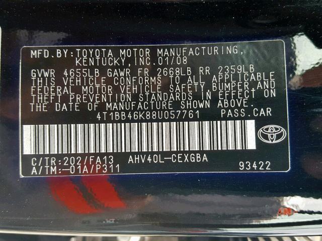 4T1BB46K88U057761 - 2008 TOYOTA CAMRY HYBR BLACK photo 10