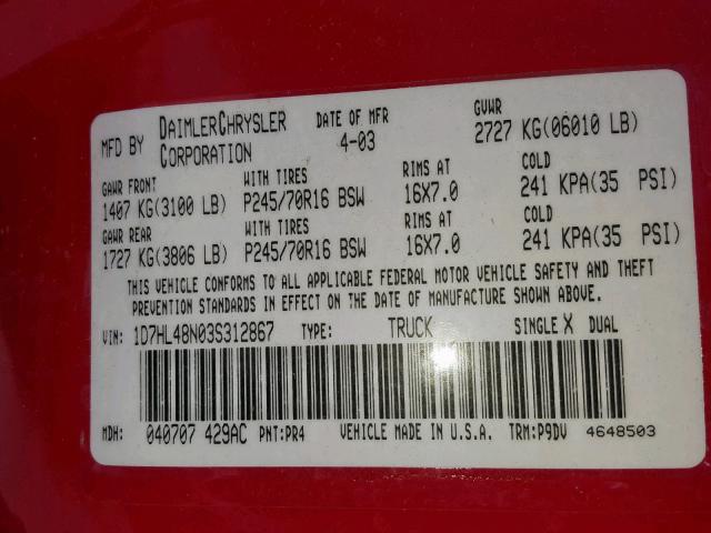 1D7HL48N03S312867 - 2003 DODGE DAKOTA QUA RED photo 10