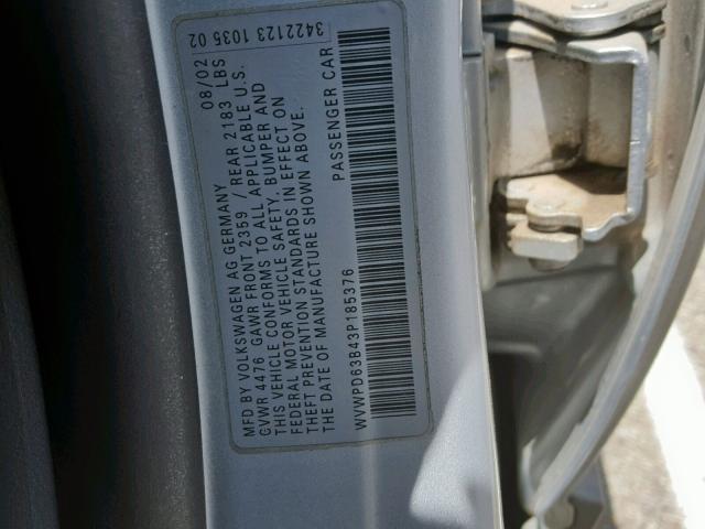 WVWPD63B43P185376 - 2003 VOLKSWAGEN PASSAT GLS SILVER photo 10