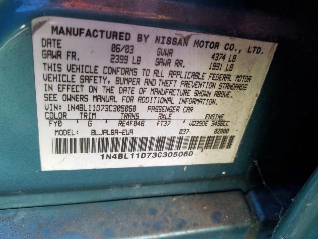 1N4BL11D73C305060 - 2003 NISSAN ALTIMA SE  photo 10