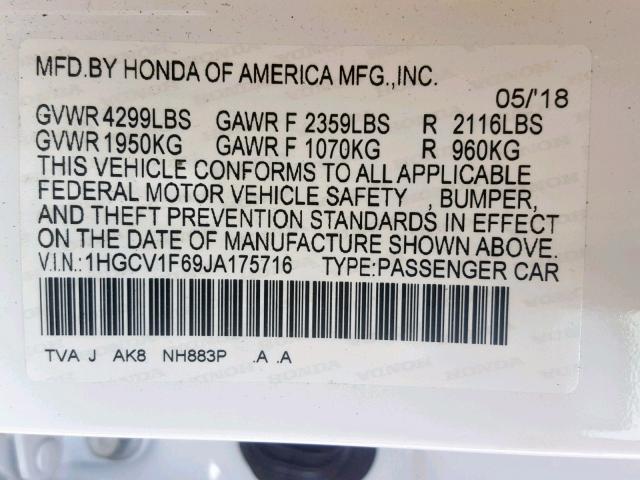 1HGCV1F69JA175716 - 2018 HONDA ACCORD EXL WHITE photo 10