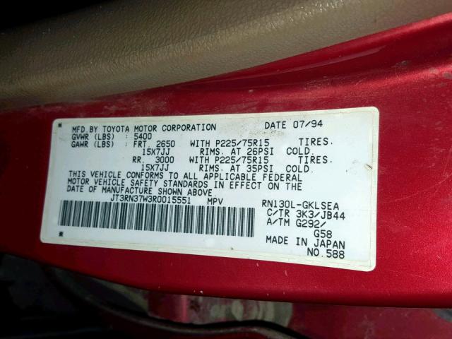 JT3RN37W3R0015551 - 1994 TOYOTA 4RUNNER RN RED photo 10