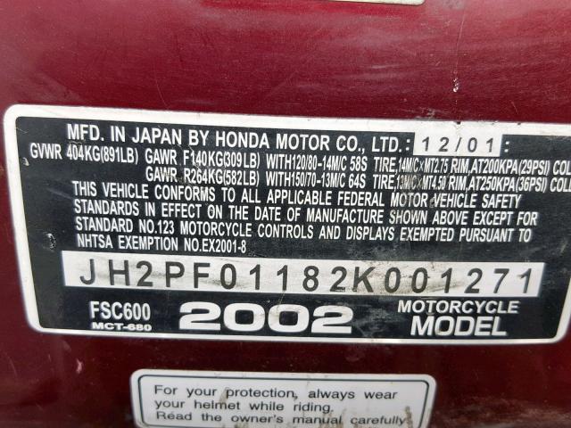 JH2PF01182K001271 - 2002 HONDA FSC600 RED photo 10