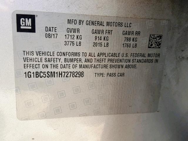 1G1BC5SM1H7278298 - 2017 CHEVROLET CRUZE LS SILVER photo 10