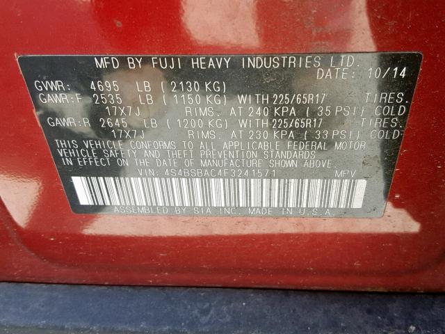 4S4BSBAC4F3241571 - 2015 SUBARU OUTBACK 2. RED photo 10