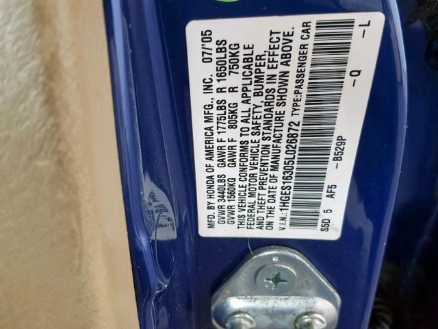 1HGES16305L026872 - 2005 HONDA CIVIC DX V BLUE photo 10