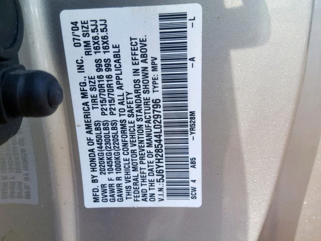 5J6YH28544L029796 - 2004 HONDA ELEMENT EX GRAY photo 10